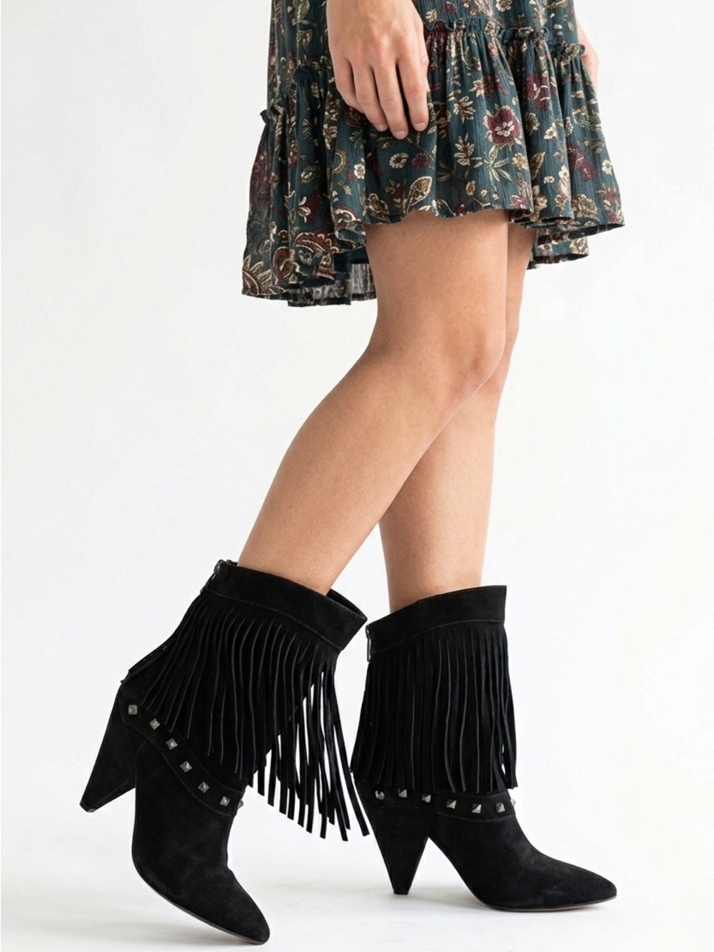 William Rast Wryolanda Suede Leather Fringe Stud High Heel Boots Women’s 7.5